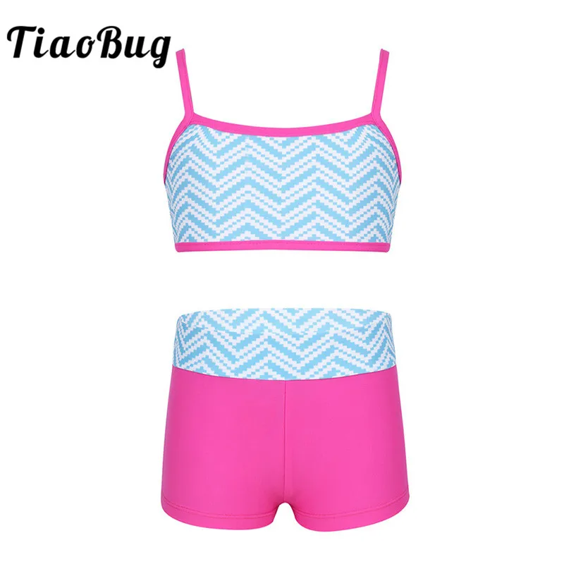 

TiaoBug Kids Teens Spaghetti Straps Ballet Gymnastics Tops Shorts Sports Set Children Girls Caged Back Crop Top Shorts Dancewear