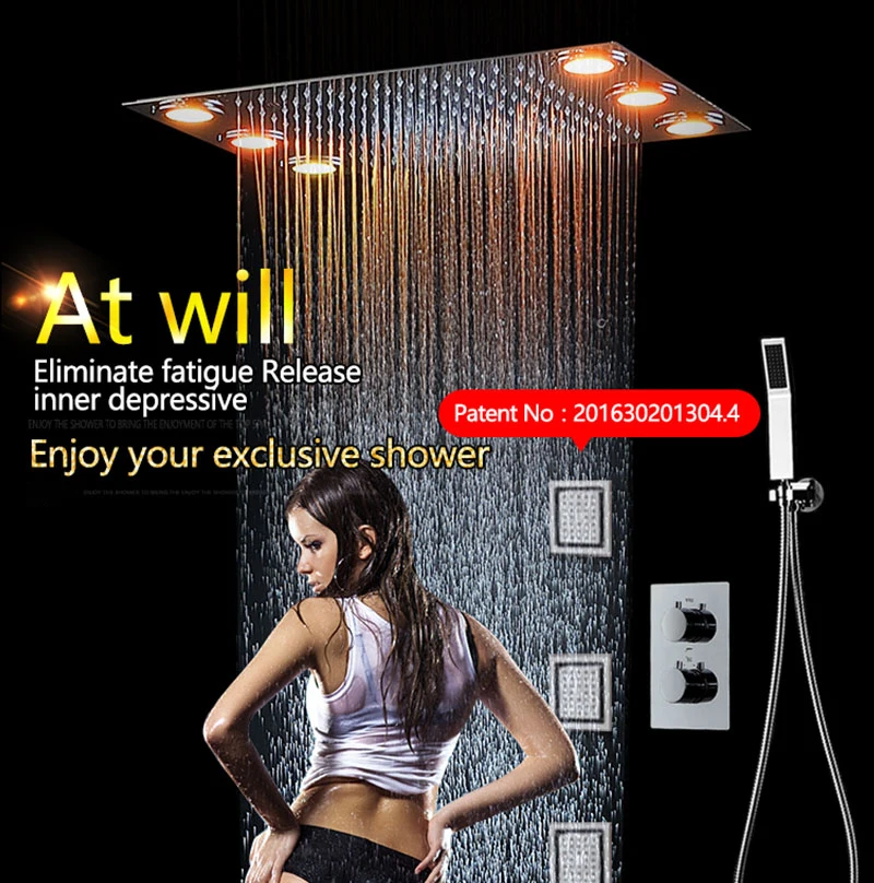 Rain Shower Set Remote Control Color LED Lights Shower Sets 3 Way Temperature Thermostatic Mixer Bathroom 360500mm  (1)
