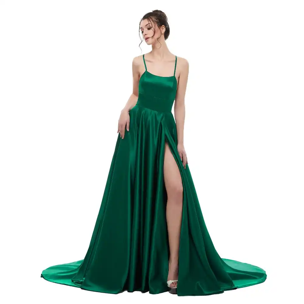 Sexy Green Backless Long Maxi Dress 15 Satin with Spaghetti Straps Long Prom Party Dress Side Split Abendkleider Evening Gowns Sexy Green Backless Long Maxi Dress 15 Satin with Spaghetti Straps Long Prom Party Dress Side Split Abendkleider Evening Gowns