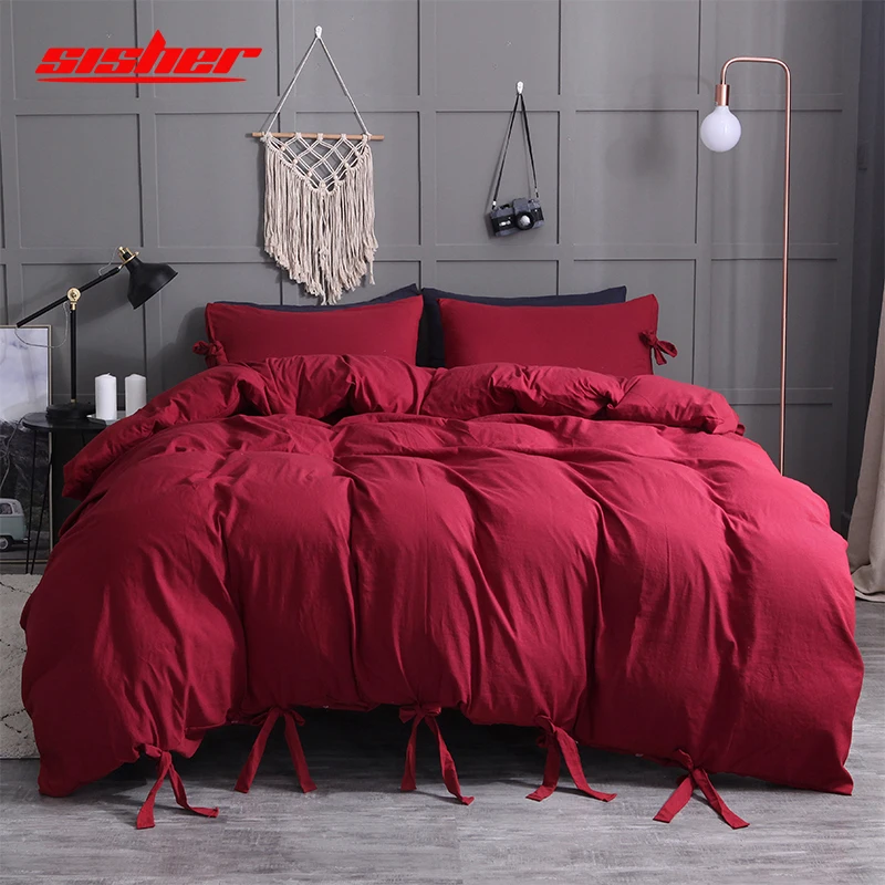 

Sisher Solid Colors Bedding Set Faux Washed Cotton Soft Duvet Cover Sets With Pillowcase Single Twin Queen King Size Bedclothes