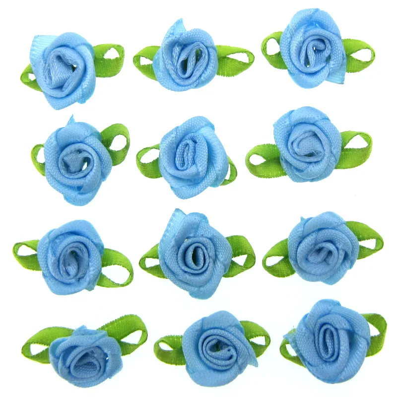 

100pcs 1.5cm Mini Blue Rose Flower Buds with Leaf Loop Flowers Ribbon Craft Scrapbooking Applique For Wedding Decoration