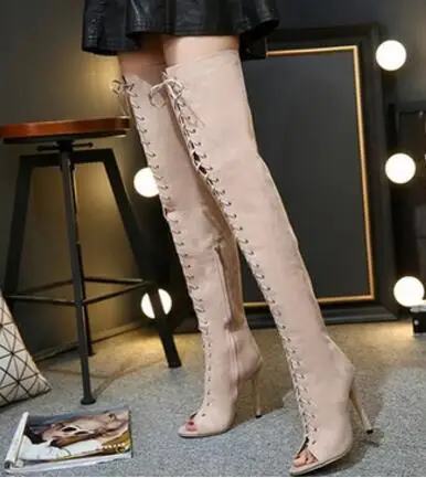 Известный бренд; высокие сапоги до бедра на шнуровке; женские ботфорты на высоком каблуке с открытым носком; коллекция года; bottes cuissardes; пикантные высокие сапоги - Цвет: khaki