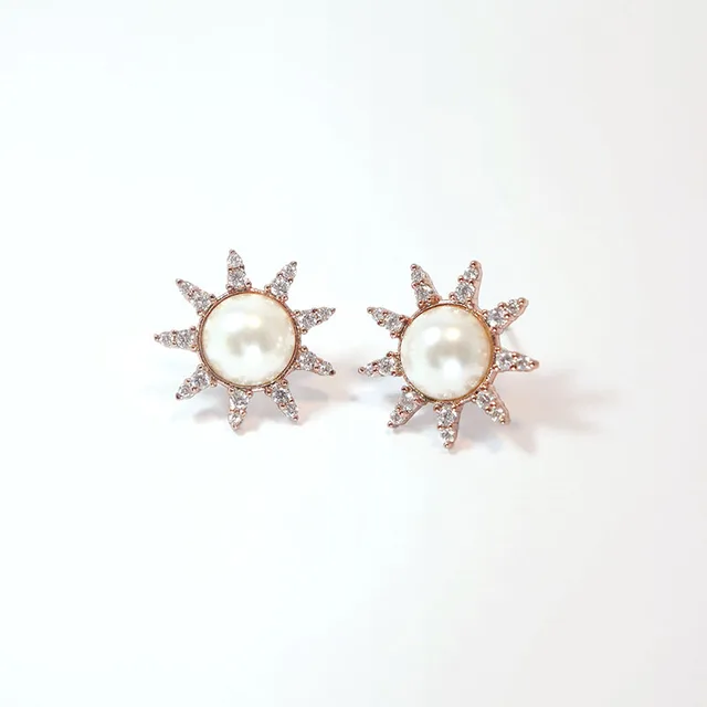 Spenllbound Rose Gold Sun Shape Nature Fresh Pearl Earrings For Spenllbound Rose Gold Sun Shape Nature Fresh Pearl Earrings For Women Cubic Zirconia Pave Setting Luxury