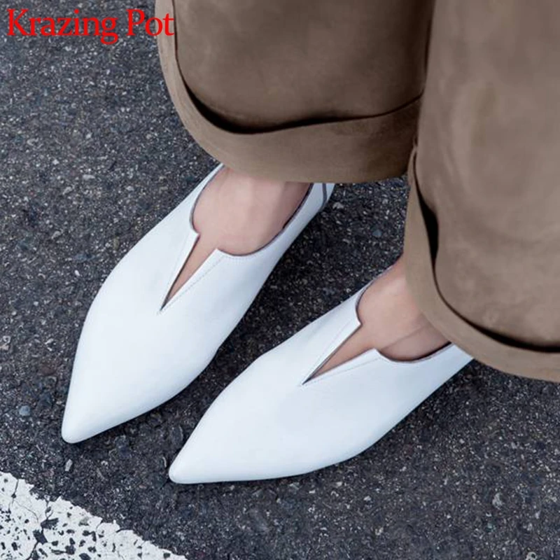 

Krazing pot 2019 genuine leather chic design simple lazy style pointed toe solid color women runway shallow low heels pumps L90