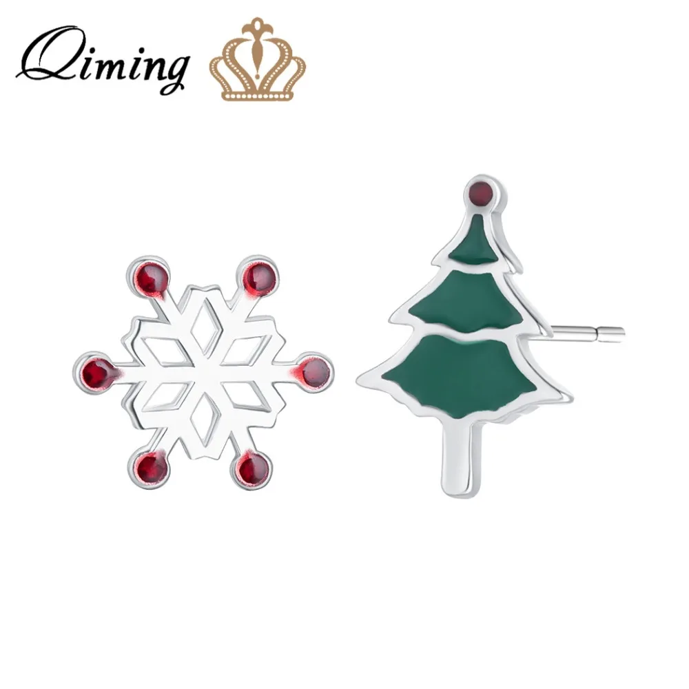 

QIMING Xmas Christmas Earrings Girls Women Winter Snowflake Jewelry Tree Asymmetric Statement Korean Stud Earring Gift