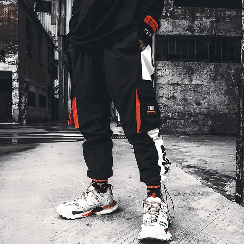 Брюки-карго для бега, мужские свободные штаны с карманами в стиле хип-хоп, черные, оранжевые спортивные штаны, светоотражающий светильник, длинные брюки с отражателем