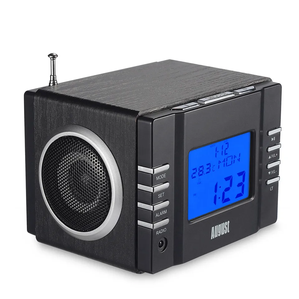 August MB300 деревянная мини стереосистема MP3 и FM радиочасы с SD картридером, разъемами USB и AUX(3.5 мм аудиовход), двумя громкими Hi-Fi динамиками, со встроенным аккумулятором и пультом управления