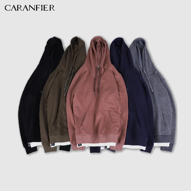Мужские толстовки с капюшоном CARANFIER однотонные повседневные вышивкой пуловеры