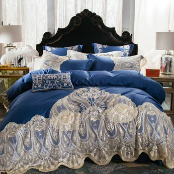 

Noble Lace Edge Blue 120S Egyptian cotton Embroidered Bedding set Queen King Europe Duvet cover Bed sheet set Pillowcase 4 color