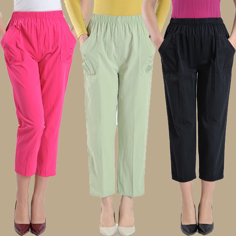 

Woman spring plus size High Elastic Waist Solid Loose Ankle-length Pants female summer fall thin 100% cotton embroidery trousers