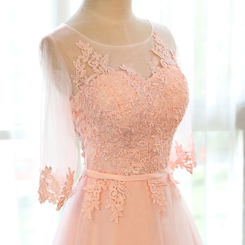 Вечернее платье SSYFashion банкет сладкий розовый Совок шеи Половина рукава прозрачное кружево вышивка ТРАПЕЦИЕВИДНОЕ длинное выпускное торжественное платье
