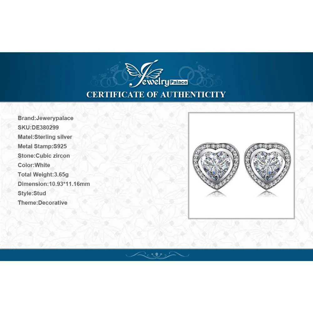 JewelryPalace Cubic Zirconia OnLy Heart Stud Earrings 925 Sterling Silver Jewelry Wedding Earrings for Women Fine Jewelry