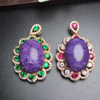

Fine Jewelry Real 925 Steling Silver s925 100% Natural Charoite Gemstone Leopard Shape Female Pendant Necklaces Christmas Gift