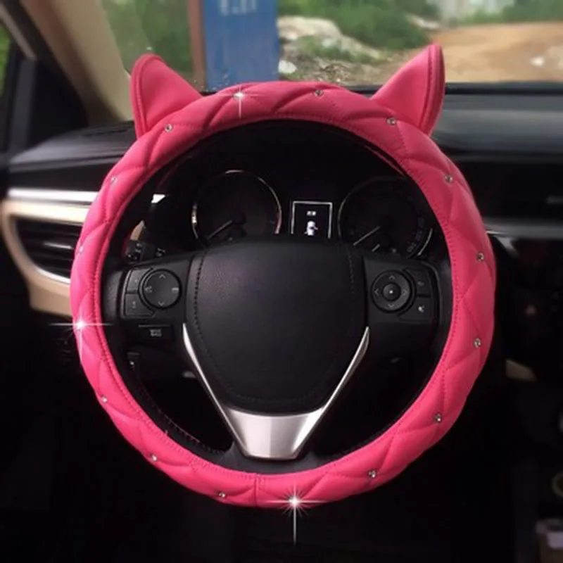 

Cute Ear Design Leather Steering Wheel Cover Studded Rhinestone Covered Pink Car Steering Wheel Cover For Girls New