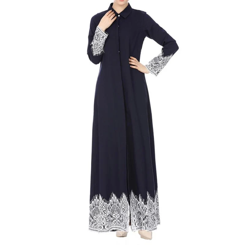Muslim Women Lace Trimmed Front Abaya Muslim Maxi Kaftan Kimono...