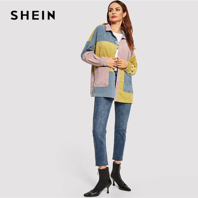 Best SHEIN Casual Multicolor Cut and Sew Pocket Front Corduroy Single Breasted Coat Autumn Modern Lady W
