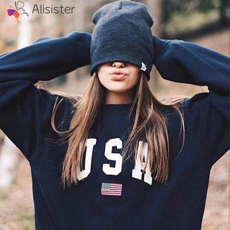 USA إلكتروني العلم طباعة البلوز هوديس 2019 الخريف الإناث س الرقبة طويلة الأكمام المرأة المحاصيل أعلى أبيض أسود فتاة بلوزة كاجوال