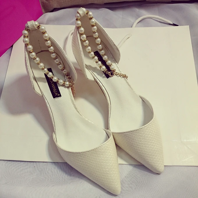 2015 Spring Summer Europe Style Elegant Lady Shoes Pearls Beaded Chain Pointed Toe Sexy Hollowed Out Pumps | Обувь