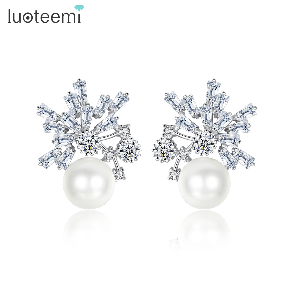 

LUOTEEMI Fashion Stud Earrings for Women Simulated-pearl Wedding Party Shiny CZ Double Colors Jewelry Pendientes Christmas Gift