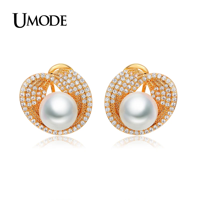 UMODE Luxury Fashion Jewelry For Women Gold Color 10mm Shell Powder Synthetic Pear Stud Earrings Femel Accessories AUE0189A