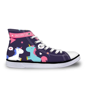 

THIKIN Blue Cute Cartoon Unicorn Pattern Classic Flats Women Canvas Shoes Spring Student High Top Lace Up Vulcanize Sneakers