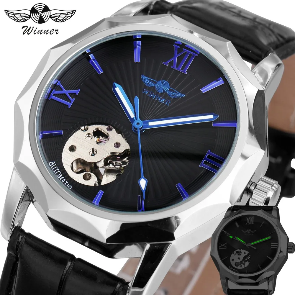 Winner Blue Exotic Dodecagon Design Skeleton Dial Men font b Watch b font Geometry Top Brand