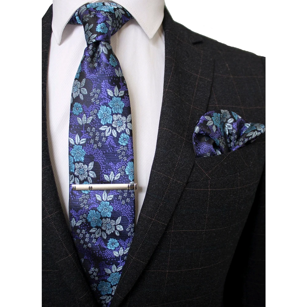 

JEMYGINS Original 100% Silk Floral Necktie Clip Hanky Set Hand Made High Quality Tie Pocket Square Pin For Youth Men Party Suit