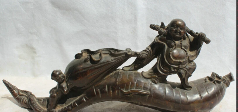 

JP S62 20" Chinese Bronze Folk moneybag Tong Zi Boy Happy Laugh Maitreya Buddha Statue Discount 35%