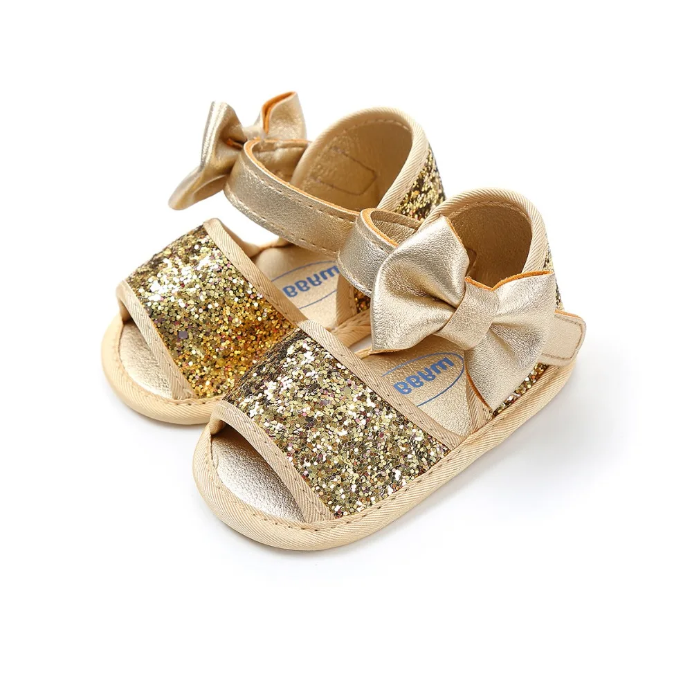 Brand Summer Sequin Bow Girls sandals PU Leather Princess sandals Gift baby moccasins Anti-slip Baby infant sandals