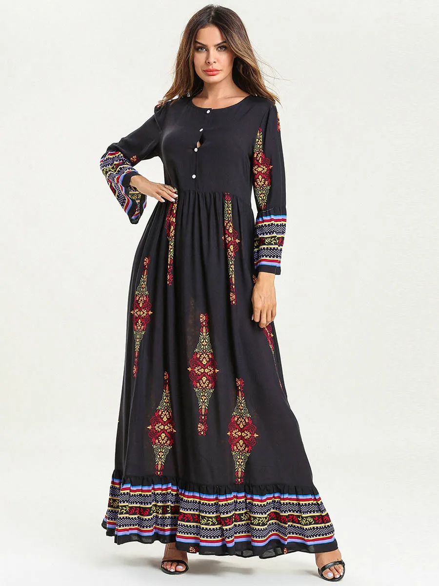 Весенне-осеннее женское мусульманское длинное платье большого размера с расклешенными рукавами и круглым вырезом, винтажный