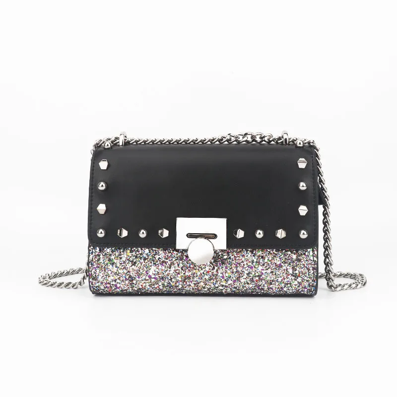 

Elegant small fresh Leather luxury handbags women bags designer Lock sequins chain decorative shoulder Messenger bag