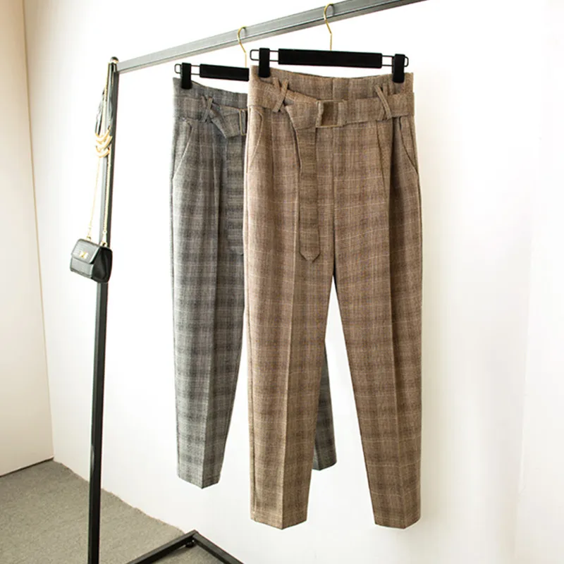 

JUJULAND Women's trousers Checked harem pants office lady style High-waist ankle-length pants casual High-grade fabrics 633