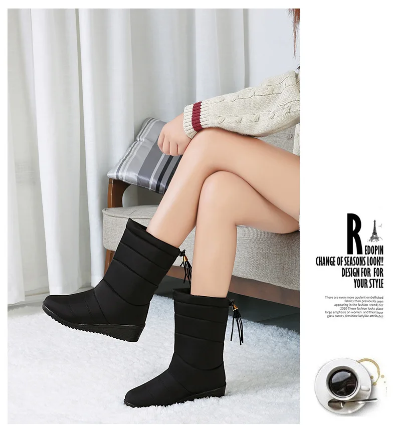 Wedges Down Boots Women Waterproof Winter Shoes Casual Platform Mid-Calf Warm Snow Boots Slip On Tassel Female Shoes Botas XZ70