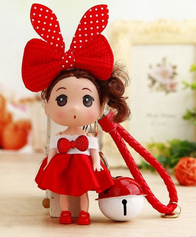 

Cute Toys Princess Baby Dolls Bell KeyChain for Girls KeyRing Key Holder Bag Charms Kids Keychain Leather Strap Fo-K032-red+bell