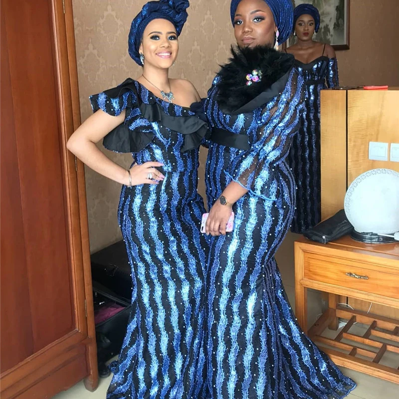 Fashion Luxury Blue Sequins Lace Fabrics For Wedding Dresses High