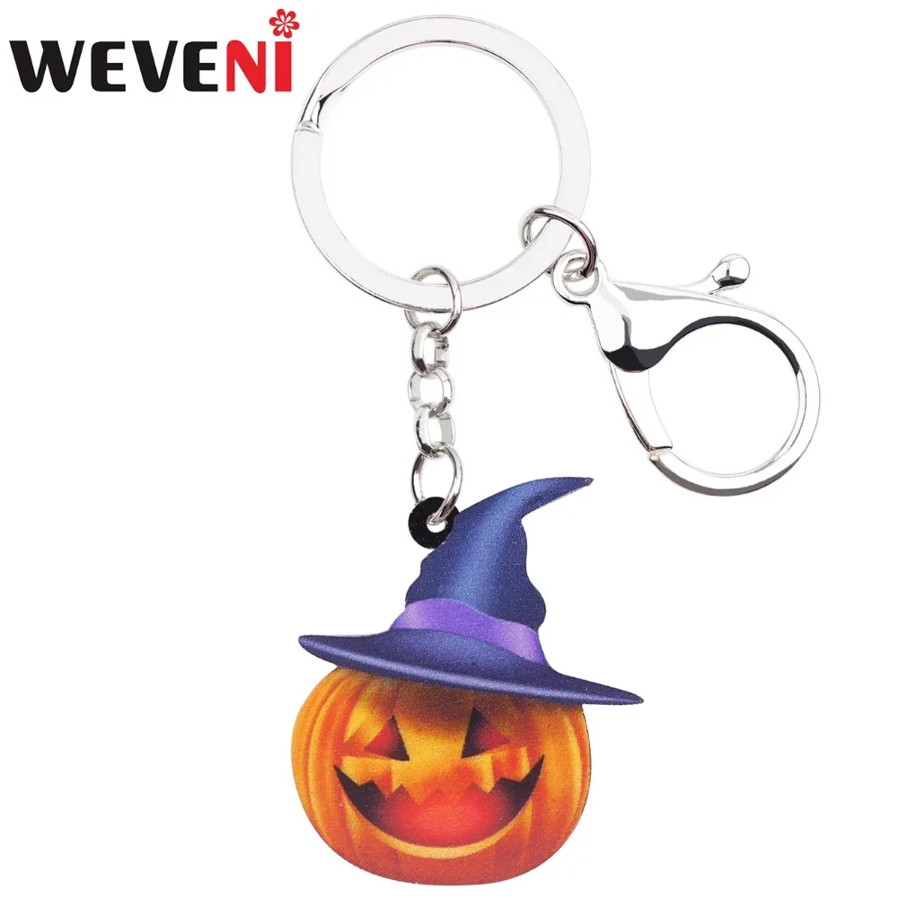 

WEVENI Acrylic Halloween Crazy Hat Pumpkin Key Chains Keyrings Fashion Jewelry For Women Girls Female Holder Charms Party Gift