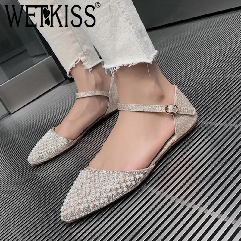 

WETKISS Summer Sandals Women 2019 New Flat Sandals Fashion Casual Sequined Bling Shoes Female Pearl Ankle Strap Shoes Ladies
