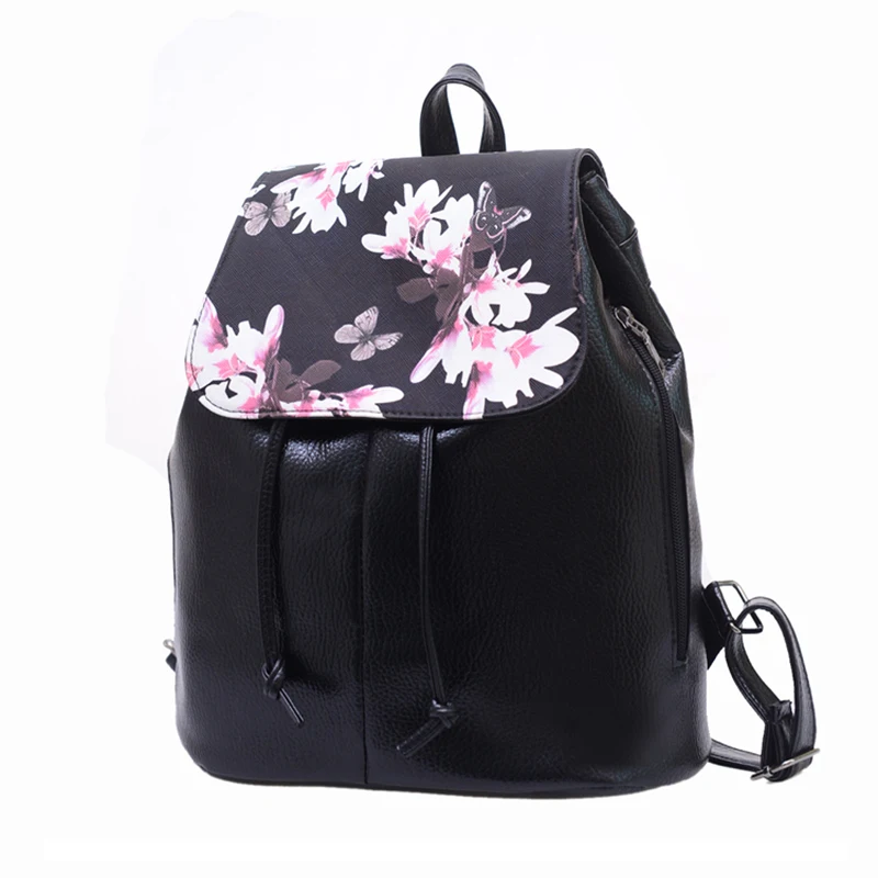 

Women Backpack 2016 Leather Mochila Women Floral Printing Backpack Black School Bags Backpacks For Girls Drawstring Mochila Bag