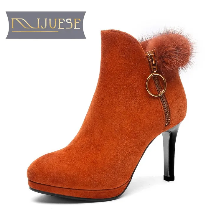 

MLJUESE 2019 women ankle boots Kid Suede+Mane zippers orange color platform winter fur short plush round toe boots women boots