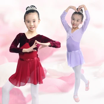 

100-150cm 7 colors pink purple blue school dancing ballet dress clothes girl leotard +skirt long sleeve dance costumes