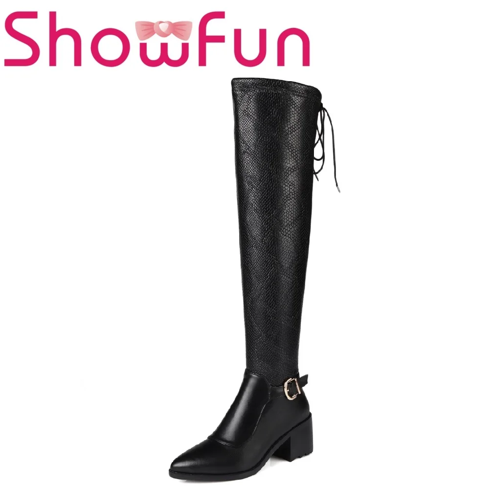 

Showfun genuine leather shoes woman winter solid over-the-knee round toe zipper short plush square heel boots