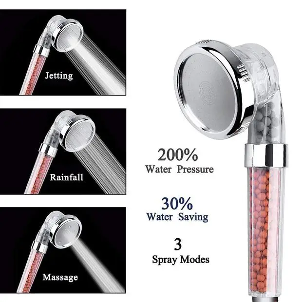 

Adjustable 3 Mode Shower Bath Head High Pressure Stone Stream Handheld Shower Head With Negative Ion Activated Ceramic Balls