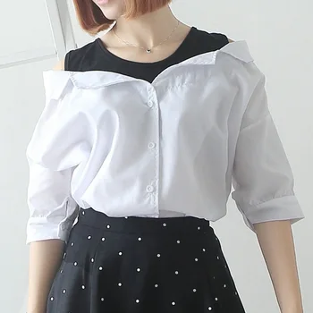 

Women Blouses Long Sleeve 2019 Sexy Off Shoulder Splice Ladies Tops Casual Fake Two Pieces Blouse O-Neck Stripe Femme Shirt