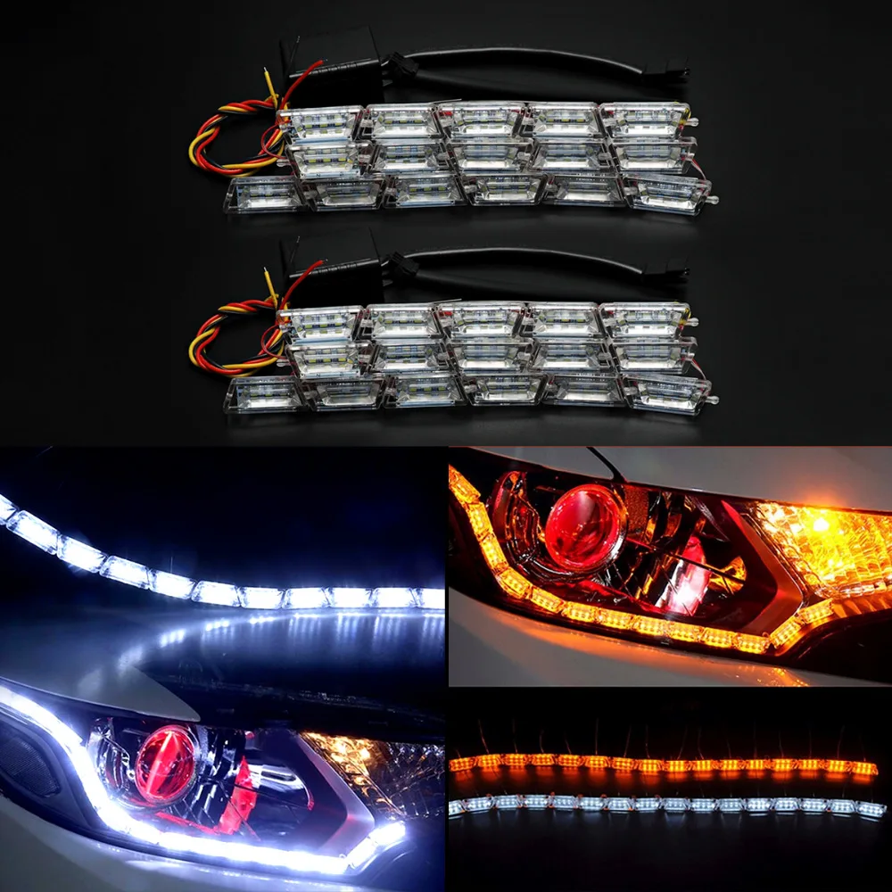 

Free shipping 2X DRL Flexible LED Tube Strip White DRL and Yellow Turn Signal Light crystal Angel Eye DRL with turn signal light
