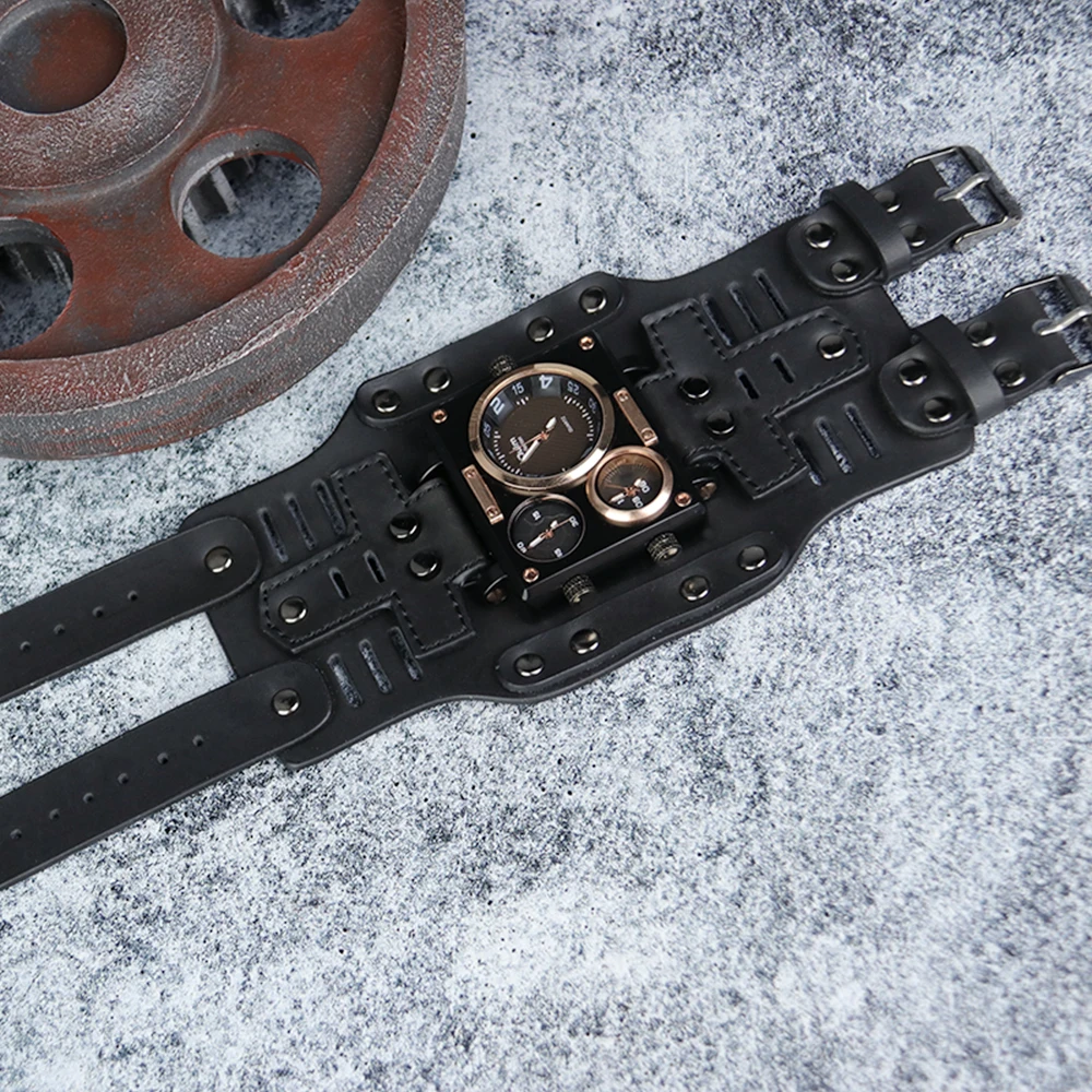 

Tide brand black watch men's multi-time zone cool black square quartz watch leather personality punk watch luxury brand