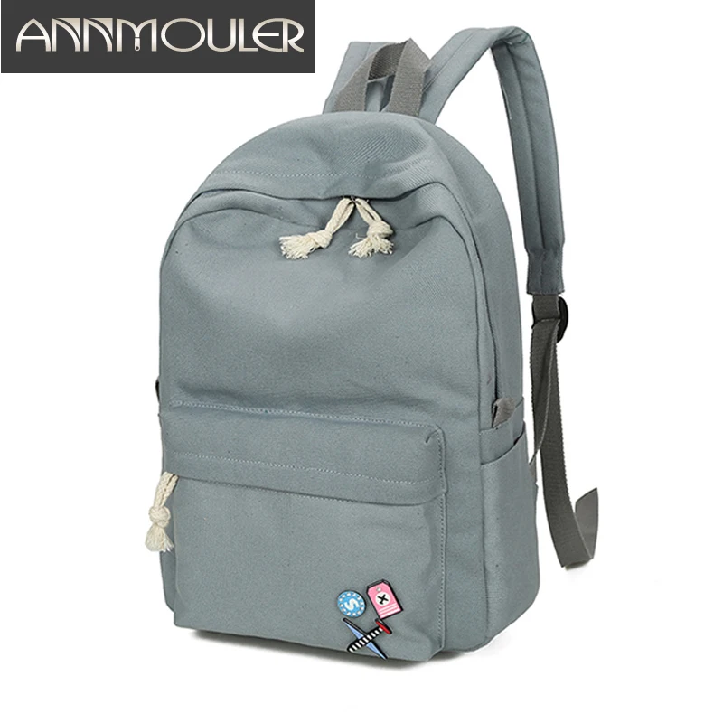 Annmouler New Design Women Backpacks Large Capacity Laptop Bag Solid Color Canvas Rucksack Badge Girls Student