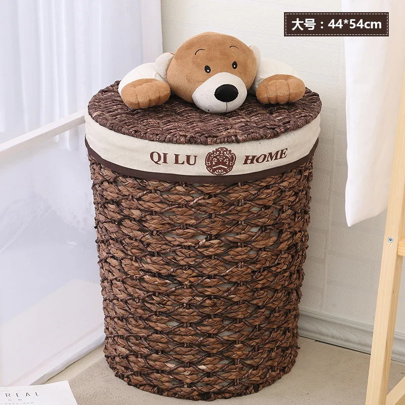 Cartoon bear dirty clothes storage baskets with lid for kids eco-friendly laundry straw weave basket toy storage box with lining