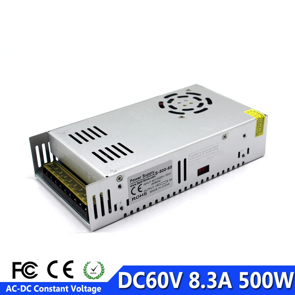 

Single Output Switching power supply DC60V 8.3A 500W Transformer 110V 220V AC To DC 60V SMPS For CNC Motor Machine DIY LED CCTV