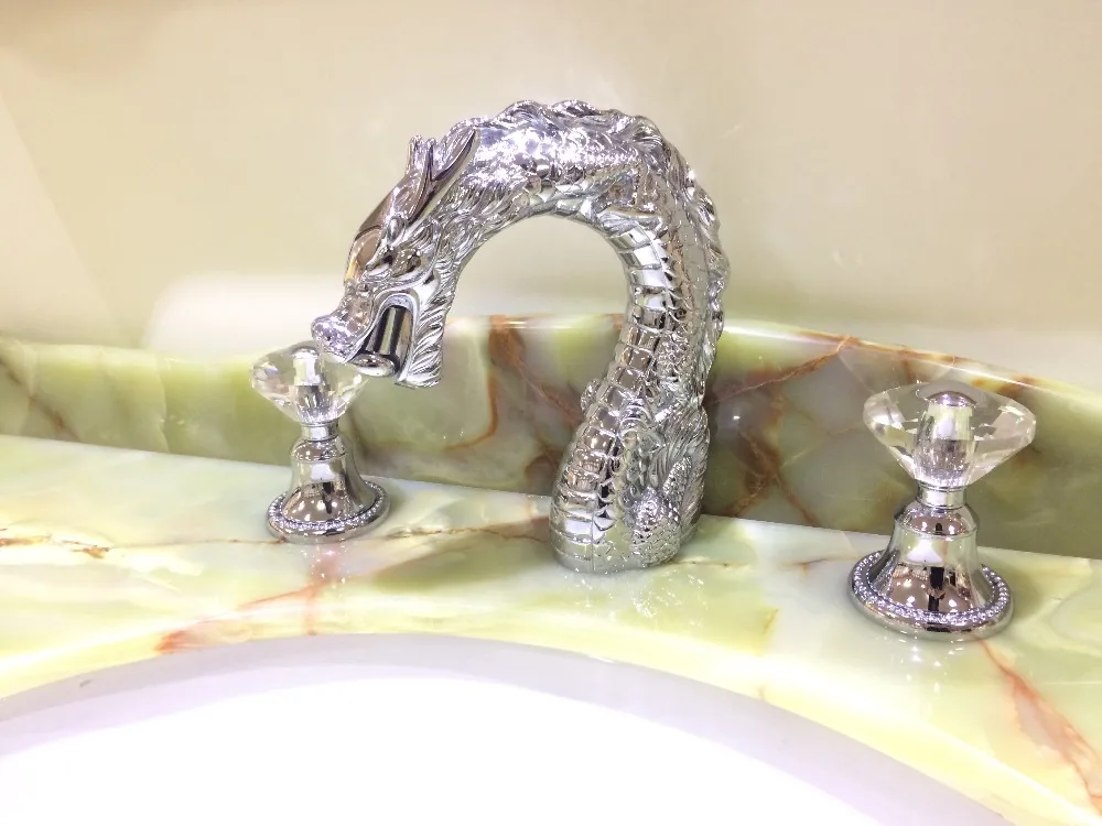 

Free ship Chrome color 3 Pcs 8" WIDESPREAD LAVATORY BATHROOM SINK DRAGON FAUCET mixer tap Crystal handles deck mounted