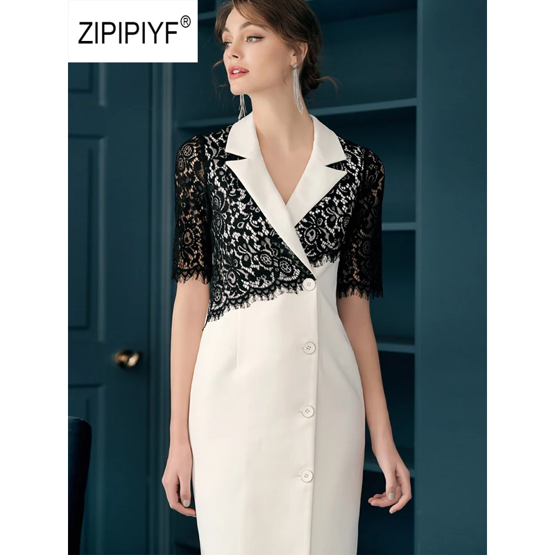 

ORIGINAL Zipipiyf Bussiness Dresses Notched Hollow out lace patchwork Dress Office Ladies Pencil Vestidos OL 2019 Robe AB377
